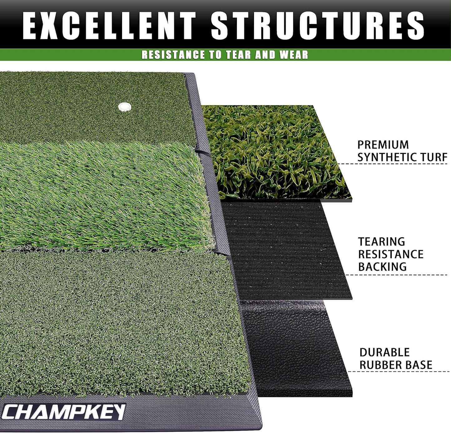 CHAMPKEY Professional Tri-Turf Golf Hitting Mat | Heavy Duty Rubber Backing Practice Mat Ideal for Indoor and Outdoor Training