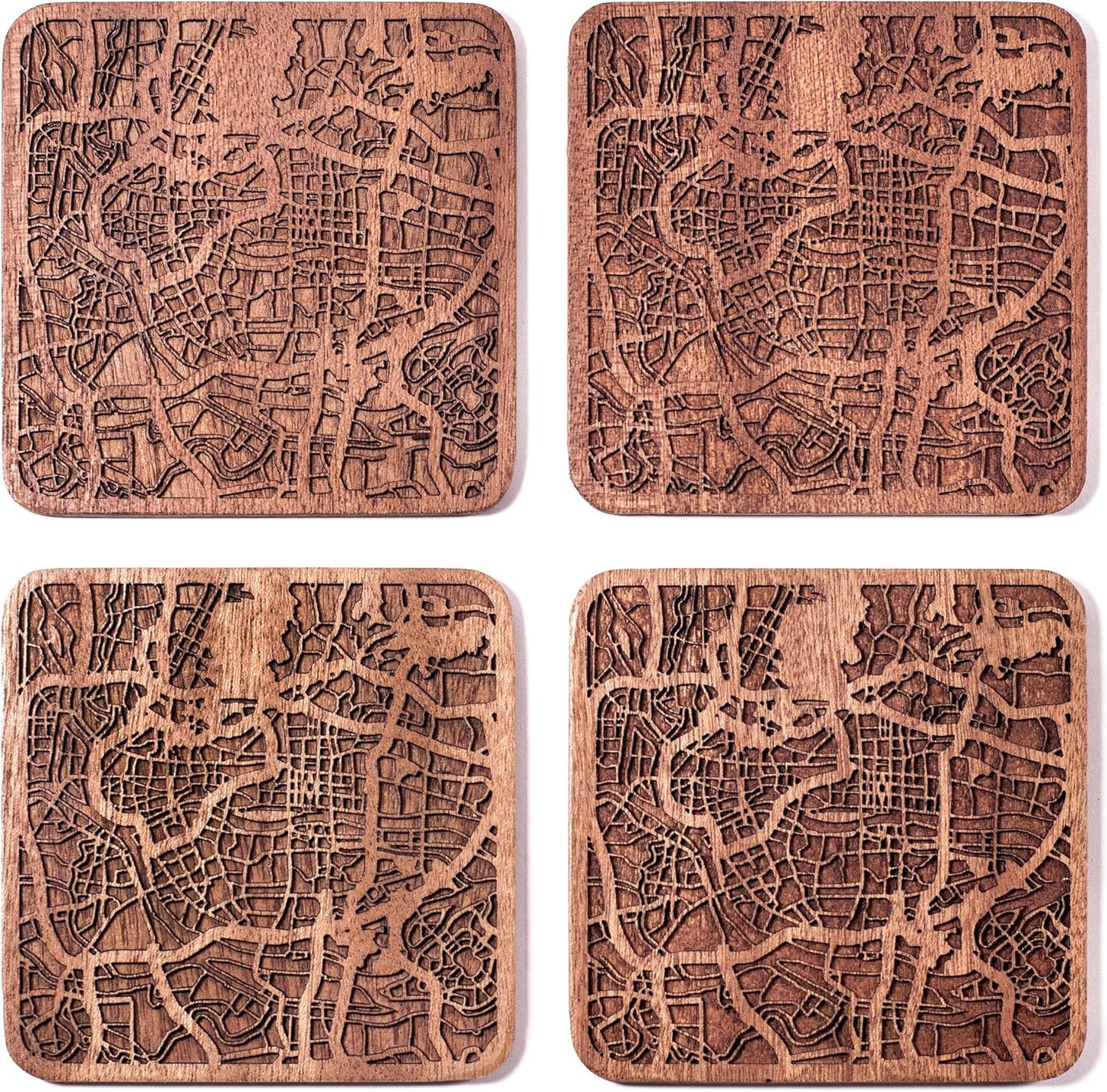 Guangzhou Map Coaster by O3 Design Studio, Set Of 4, Sapele Wooden Coaster With City Map, Handmade