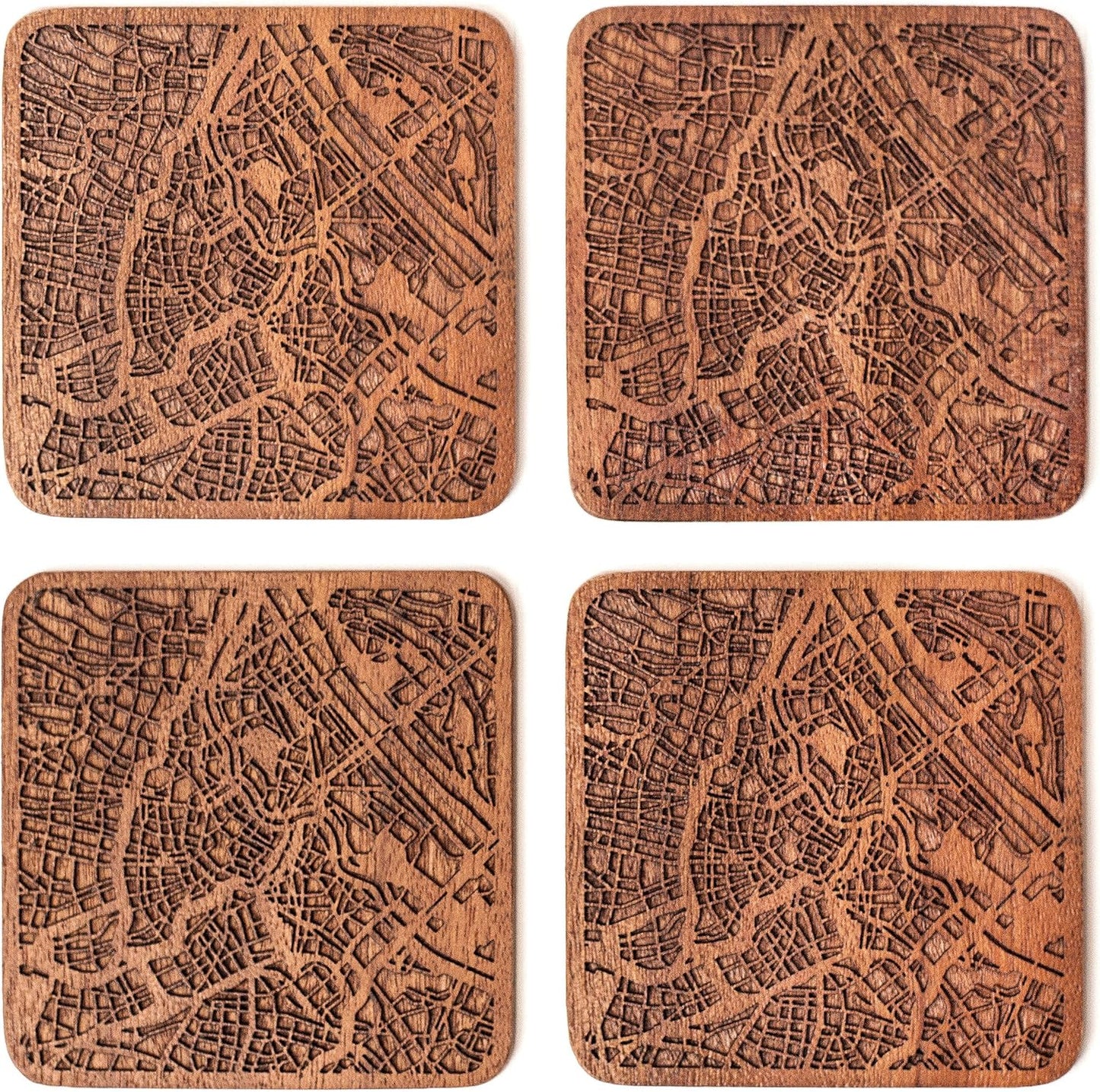 Vienna Map Coaster by O3 Design Studio, Set Of 4, Sapele Wooden Coaster With City Map, Handmade