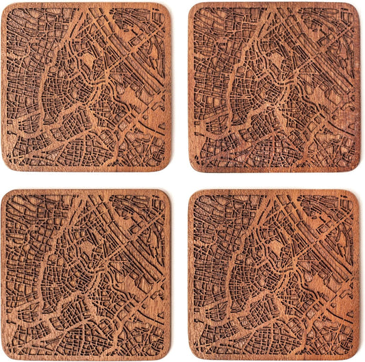 Vienna Map Coaster by O3 Design Studio, Set Of 4, Sapele Wooden Coaster With City Map, Handmade