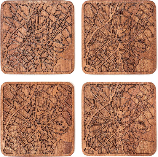 Athens Map Coaster by O3 Design Studio, Set Of 4, Sapele Wooden Coaster With City Map, Handmade