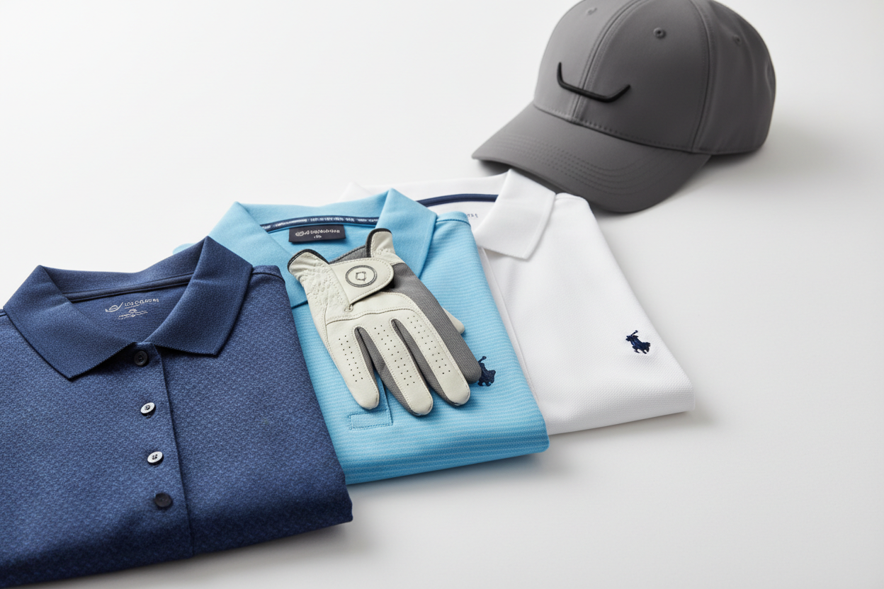 Apparel & Accessories: Gloves, hats, and apparel designed for comfort and style on the course. (make it real photo)\